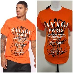 Fashion Nova Men’s Small “Savage Paris” Short Sleeve Orange T-Shirt NWT Casual
